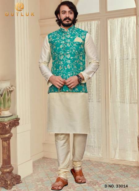Sea Green Colour Latest Design Festive Wear Art Silk Digital Printed Kurta Pajama With Jacket Mens Collection 33014